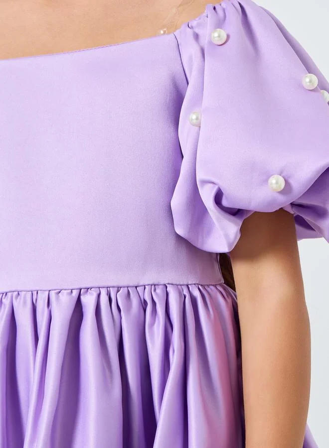 Take Two  Girls Purple Satin Puff Sleeve Faux Pearls Detail Dress for Women | Best Price UAE
